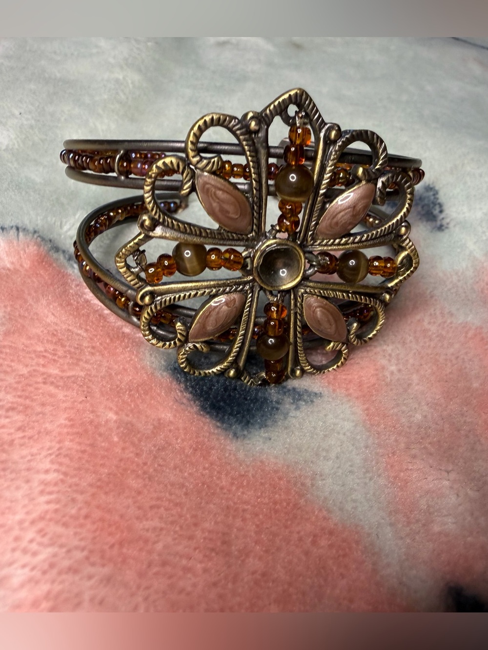 Vintage-Inspired Bronze Floral Cuff Bracelet in Amber